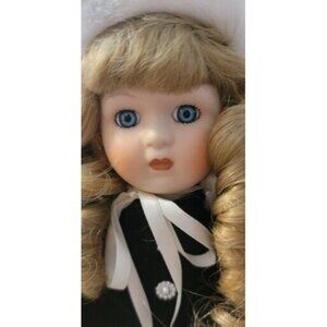 ANCO Porcelain Doll in Black Winter Cape Dress Faux Fur Muff with Stand 16"